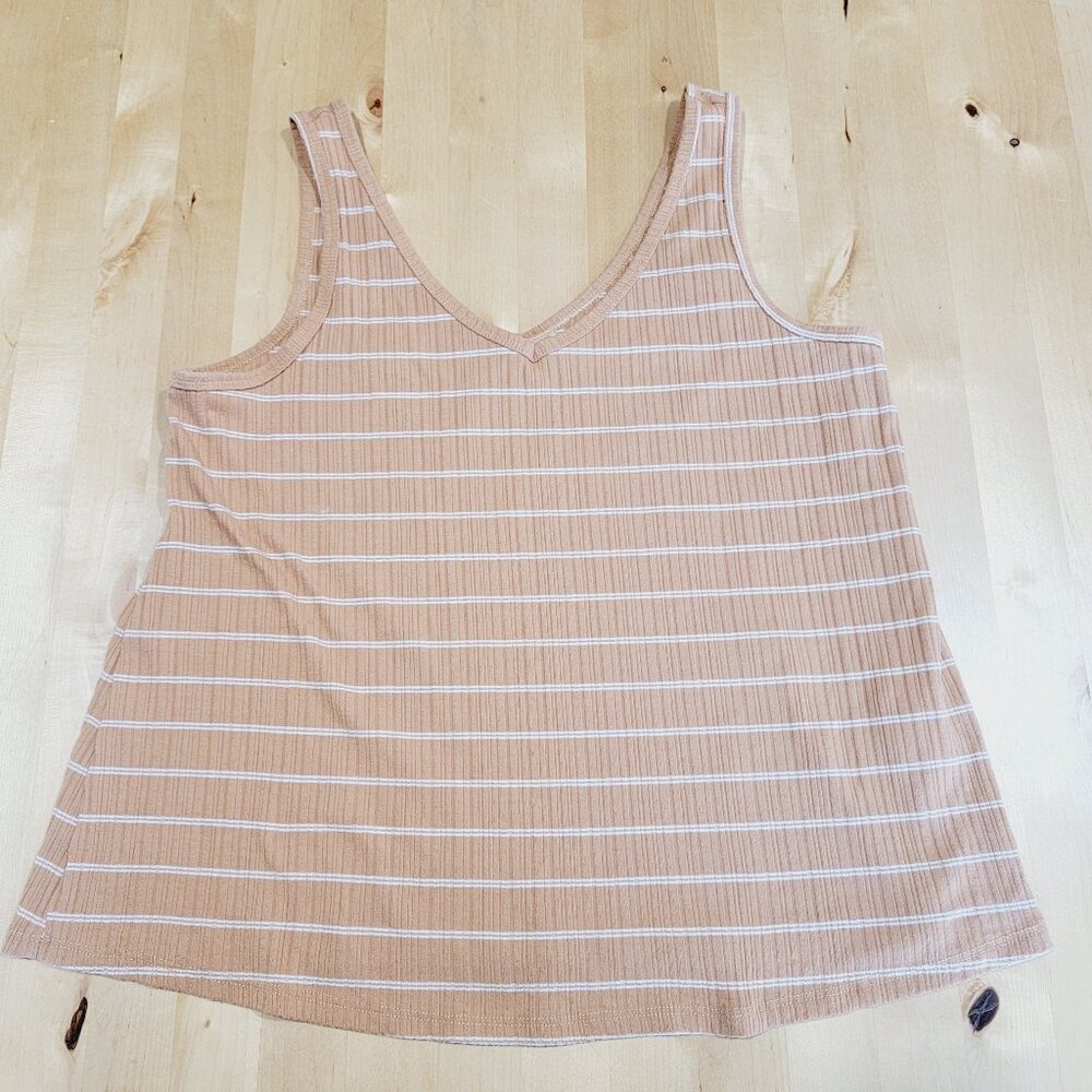 So Tank Top Womens Size Medium Striped Tan V neck poly blend